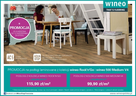 Promocja paneli podłogowych "Wineo RockʼnʼGo" i "Wineo 500 Medium V4", wrzesień - październik 2019 | © wineo® Panele podłogowe promocja paneli "Wineo RockʼnʼGo" i "Wineo 500 Medium V4" wrześniowa Wineo 2019 | © wineo®