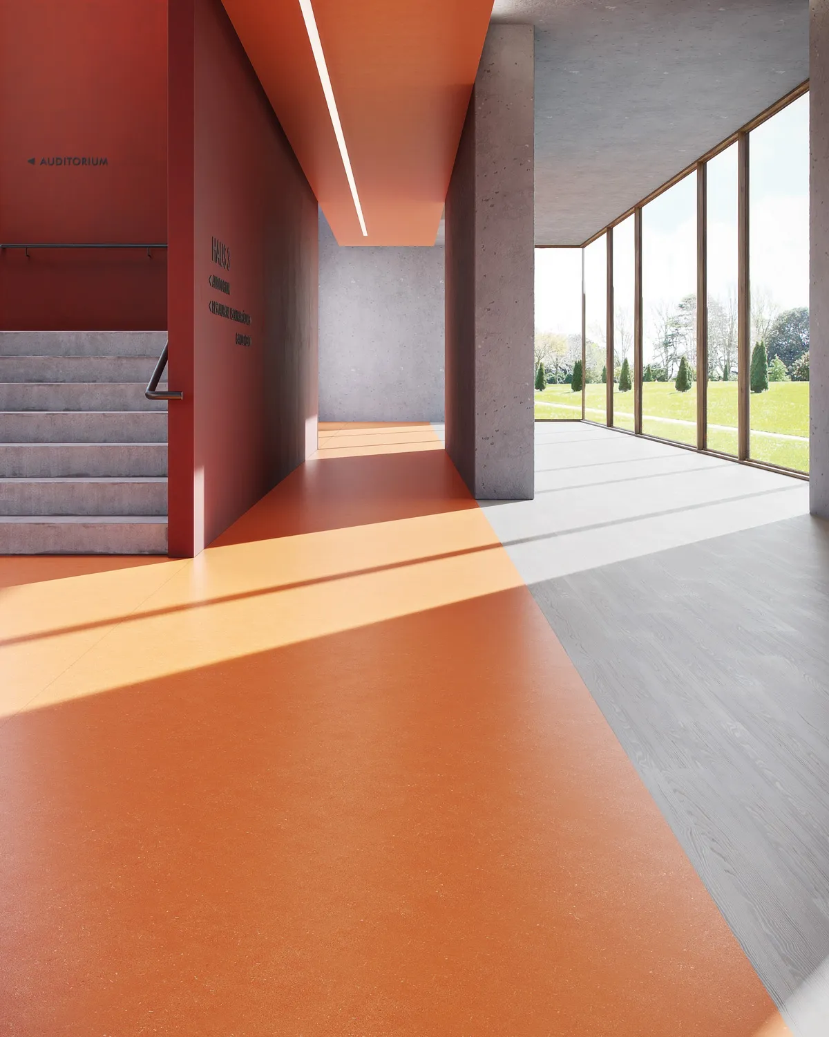 wineo PURLINE Bioboden Rollenware orange Hotellobby Treppenahus Fensterwand