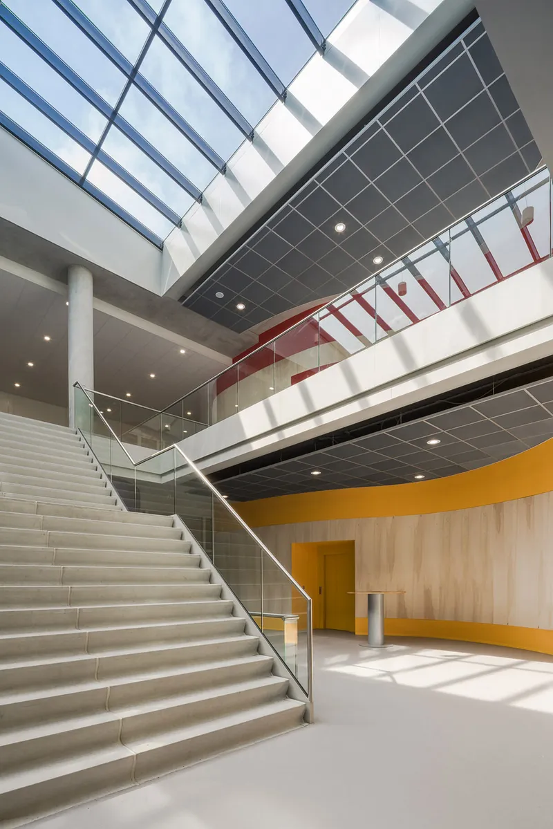 wineo Purline Bioboden  wineo Purline Bioboden Rollenware grau Foyer orange groß Treppen hell